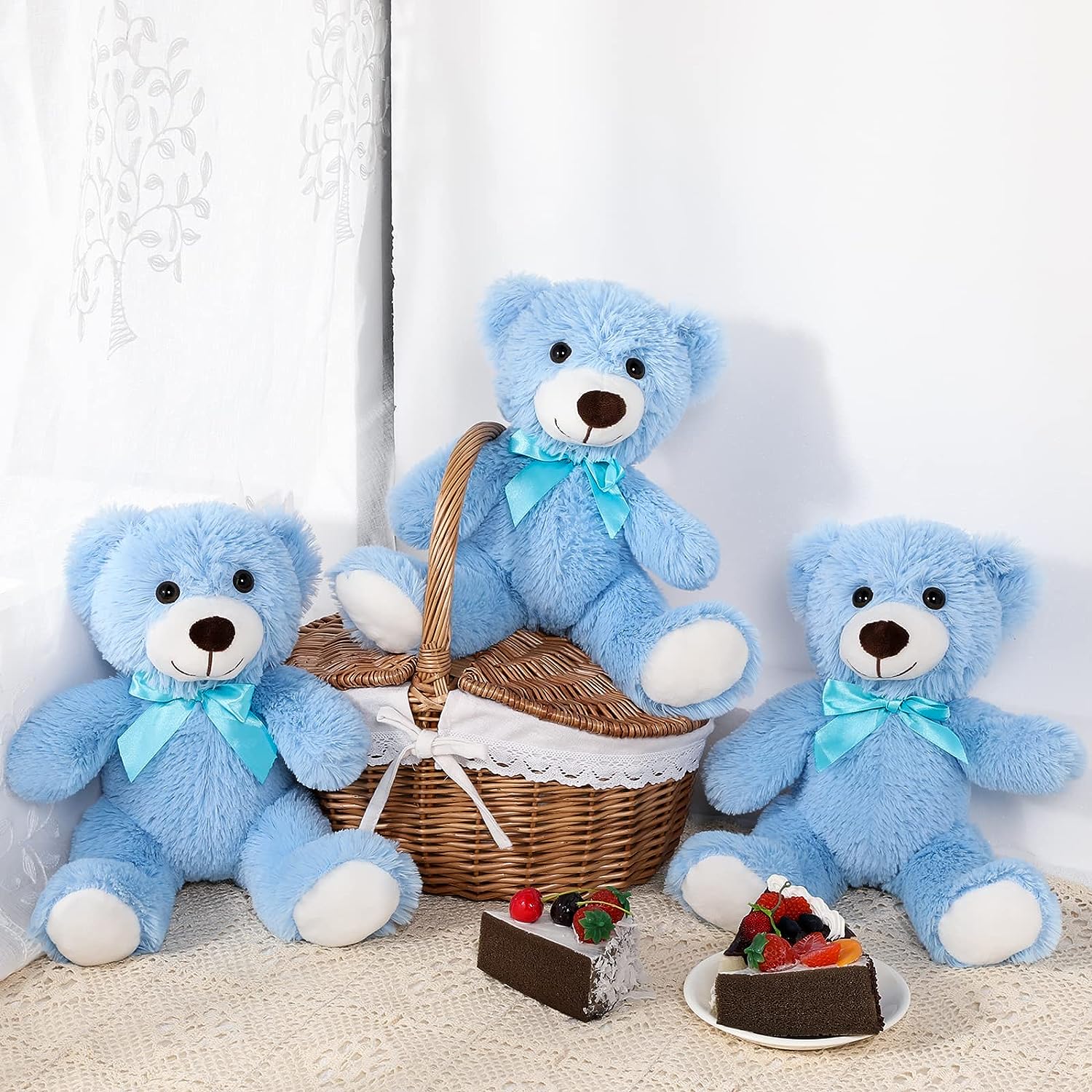 3-Piece Teddy Bear Stuffed Animals - MorisMos Stuffed Animals - Blue Teddy Bear Plush Toys Bulk - Small Teddy Bears for Baby Shower Centerpieces - Free Shipping