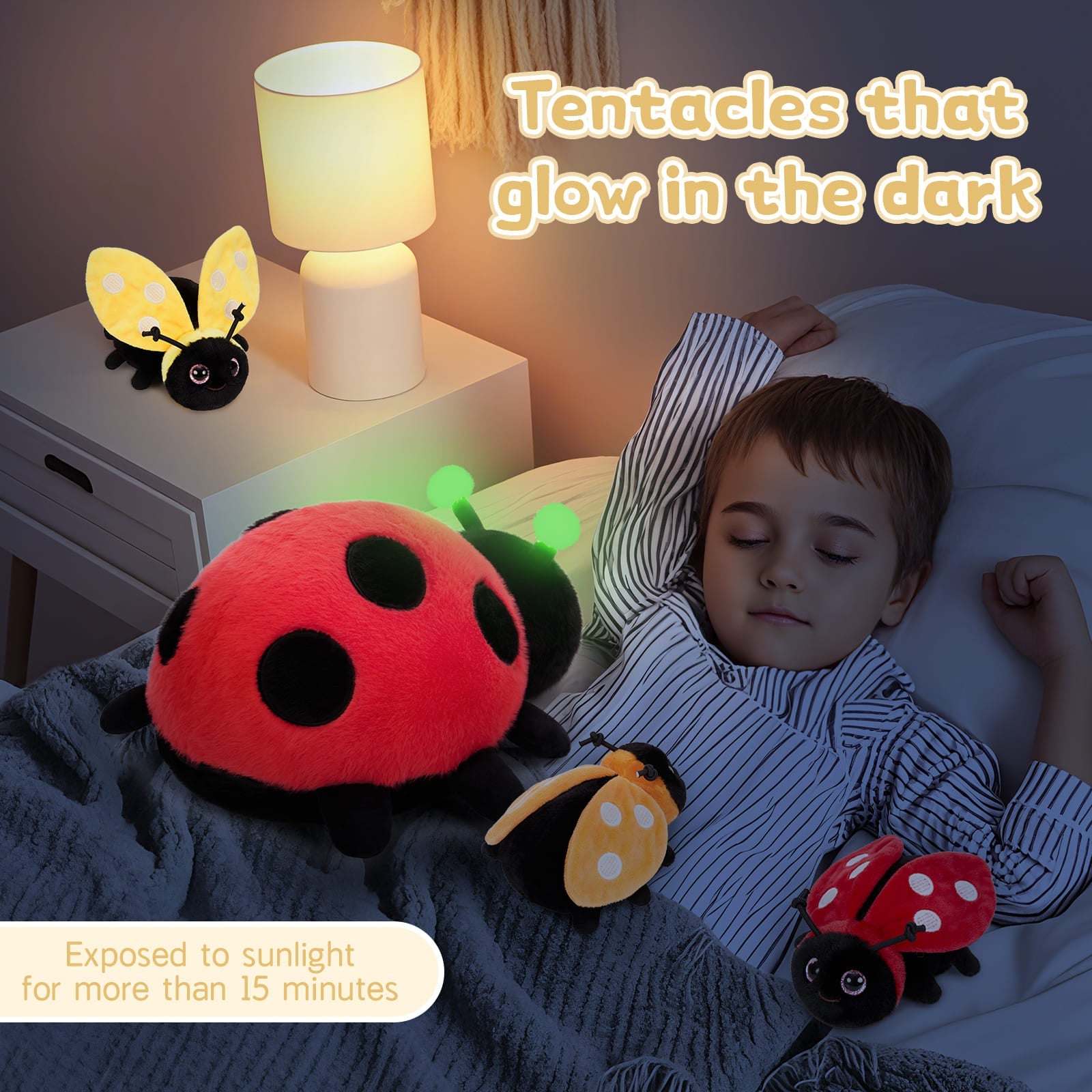 4 Pcs Ladybug Stuffed Animal - Kawaii Mother Ladybird Plush Toys Pillow with 3 Small Baby Lady Beetle Plushie - Gift for Insect Lover - Decorations, Party Favor, Baby Shower - Glow-in-Dark Design