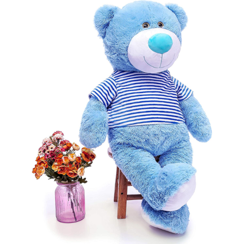 Big Teddy Bear Stuffed Animals - 3 FT Blue Stuffed Teddy Bear in a blue and white striped T-shirt - Valentine's Day Gift for Girlfriend/Boyfriend - Fluffly Cuddly Plushy Fluffy Toy - Cute Teddy Bear Plush Pillows for Kids - Christmas/Birthday Gift for Children/Teens/Adults - Romantic Anniversary Gift for Wife/Husband - Birthday Gift for Friends - Teddy Bear Theme Baby Shower