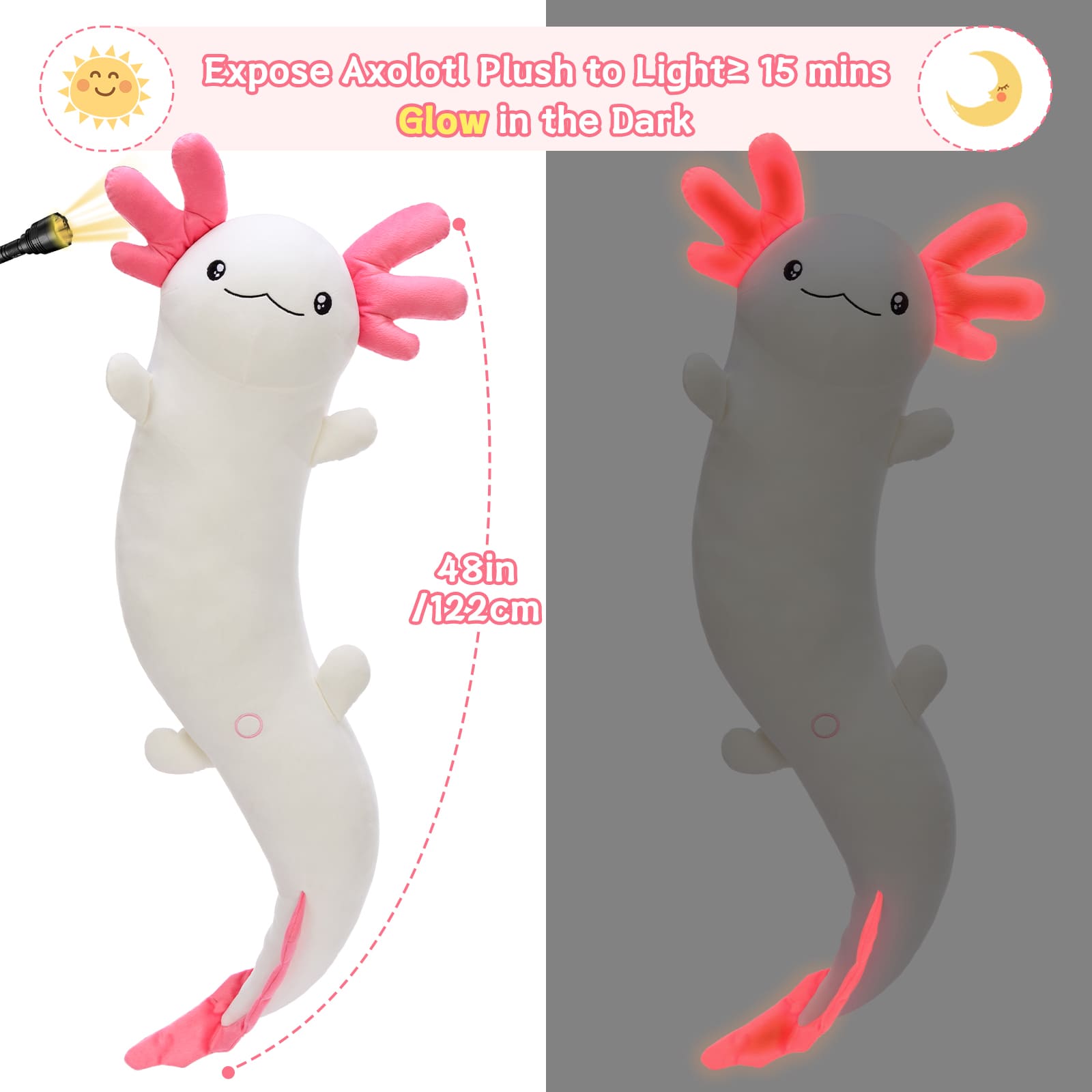 Glowing axolotl plush toy with text on how to expose it to light.