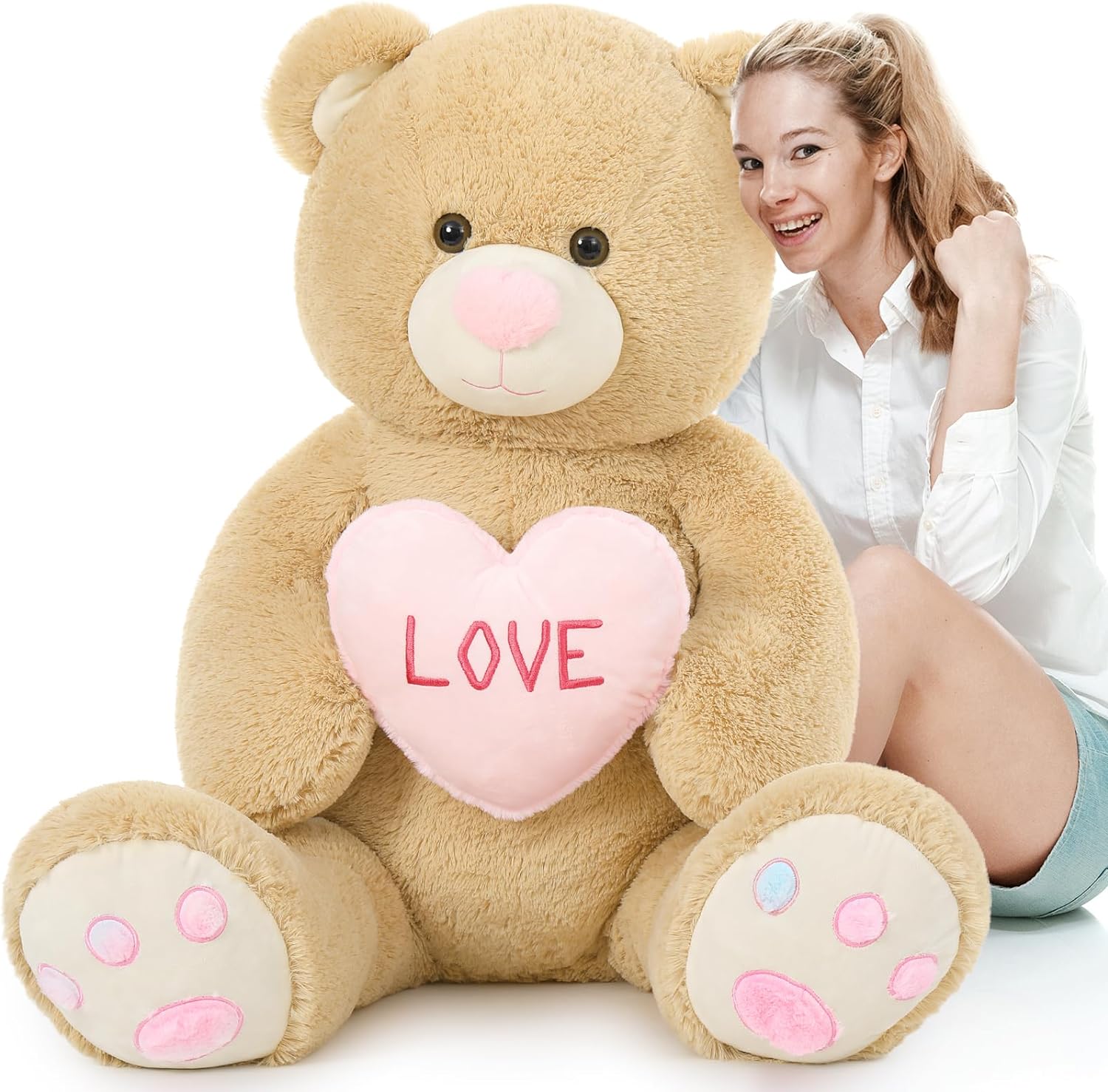 Valentine's Day Teddy Bear Stuffed Animals - Giant 43 Inches Brown Teddy Bear Plush Toys with Pink Heart - Valentine's Day Gift for Girlfriend/Boyfriend - Fluffly Cuddly Plushy Fluffy Toy - Cute Teddy Bear Plush Pillows for Kids - Christmas/Birthday Gift for Children/Teens/Adults - Romantic Anniversary Gift for Wife/Husband - Free Shipping