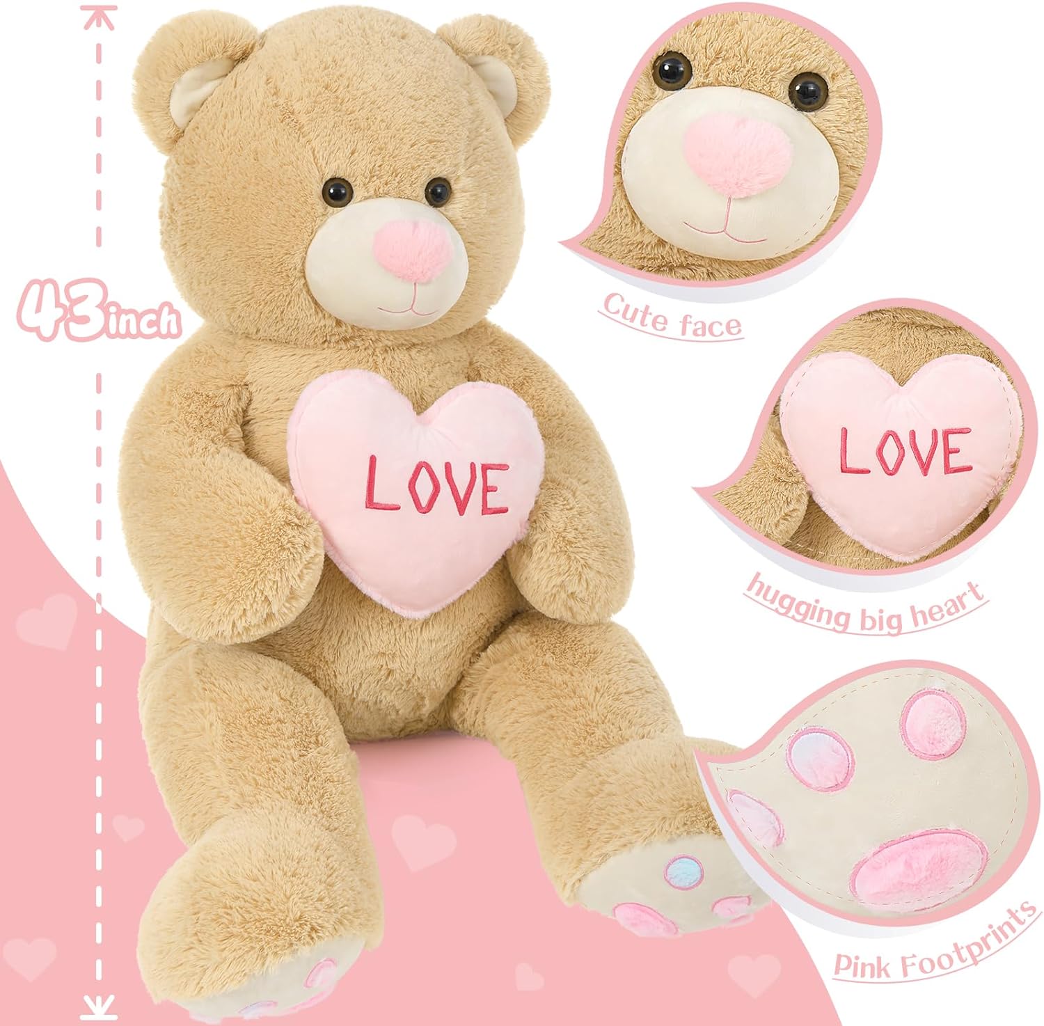 Valentine's Day Teddy Bear Stuffed Animals - Giant 43 Inches Brown Teddy Bear Plush Toys with Pink Heart - Valentine's Day Gift for Girlfriend/Boyfriend - Fluffly Cuddly Plushy Fluffy Toy - Cute Teddy Bear Plush Pillows for Kids - Christmas/Birthday Gift for Children/Teens/Adults - Romantic Anniversary Gift for Wife/Husband - Free Shipping