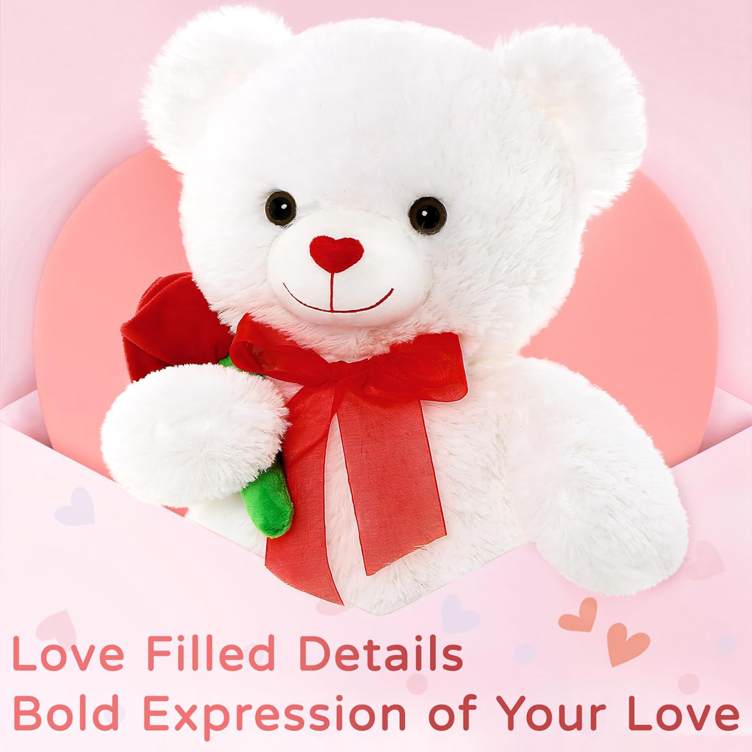 Valentine's Day Teddy Bear Stuffed Animals - 20 Inches White Teddy Plush Toys with Red Rose Flower - Valentine's Day Gift for Girlfriend/Boyfriend - Fluffly Cuddly Plushy Fluffy Toy - Cute Teddy Bear Plush Pillows for Kids - Christmas/Birthday Gift for Children/Teens/Adults - Romantic Anniversary Gift for Wife/Husband - Free Shipping
