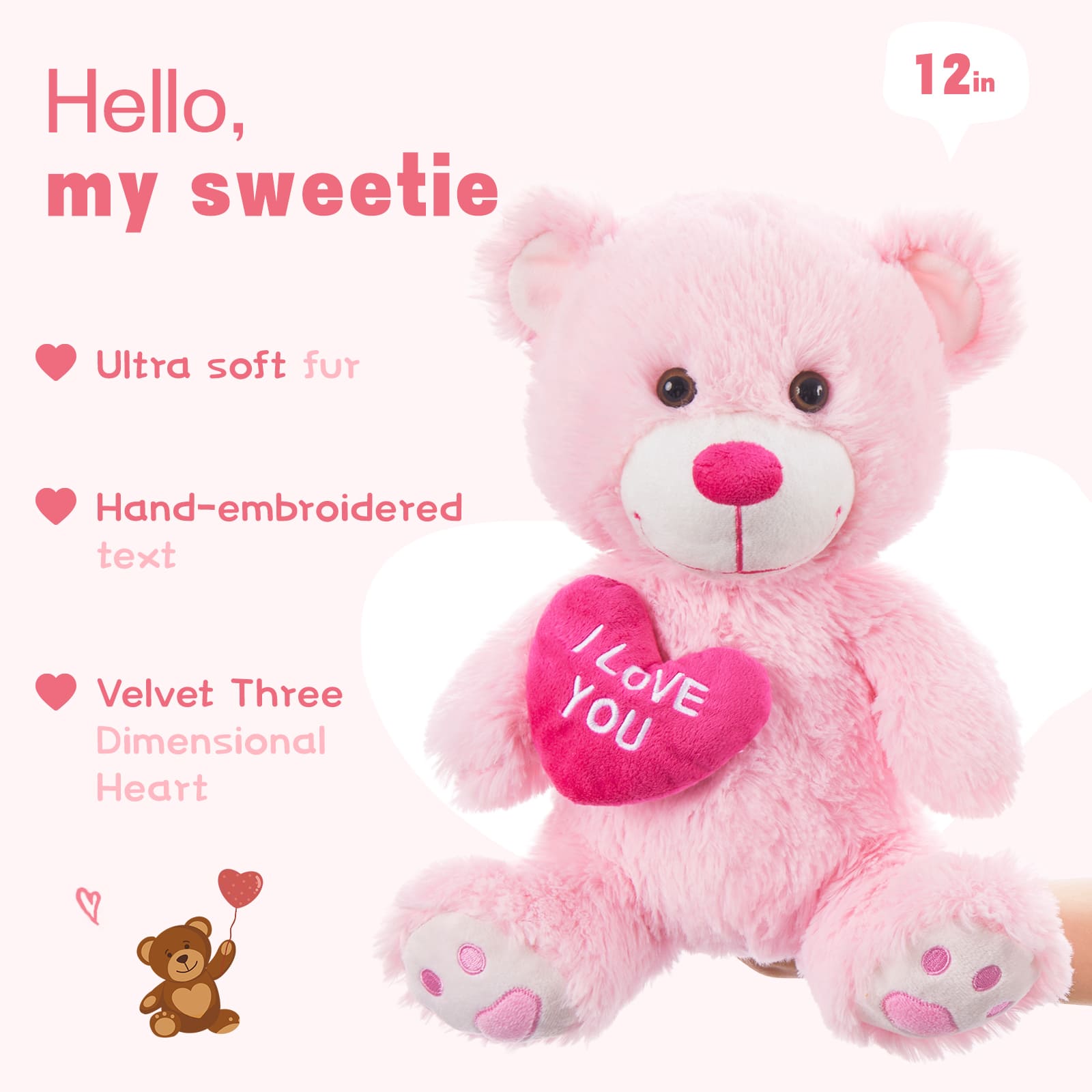 Stuffed Mocha Heart Bear – I Love You - Pink Plush Bear Toy for Kids & Adults - Embroidered Heart Throw Pillow - Valentine's Day Teddy Bear Stuffed Animals - 12 Inch Teddy Bear Plush Toys - Teddy Bear with Hearts