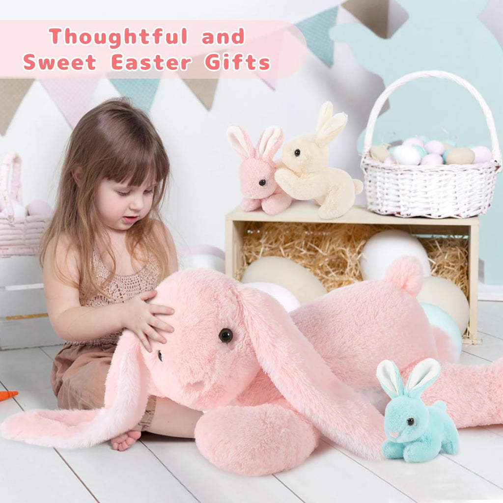 4 Pcs Bunny Stuffed Animals Bulk - Cute Rabbit Plush Toys - Stuffed Animal Bunny Babies with Their Mom - Grey/Pink Realistic Rabbit Plush Dolls for Girls - Easter/Christmas/Birthday Gift for Kids