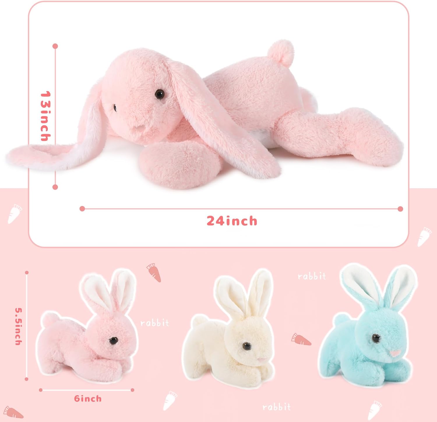 4 Pcs Bunny Stuffed Animals Bulk - Cute Rabbit Plush Toys - Stuffed Animal Bunny Babies with Their Mom - Grey/Pink Realistic Rabbit Plush Dolls for Girls - Easter/Christmas/Birthday Gift for Kids