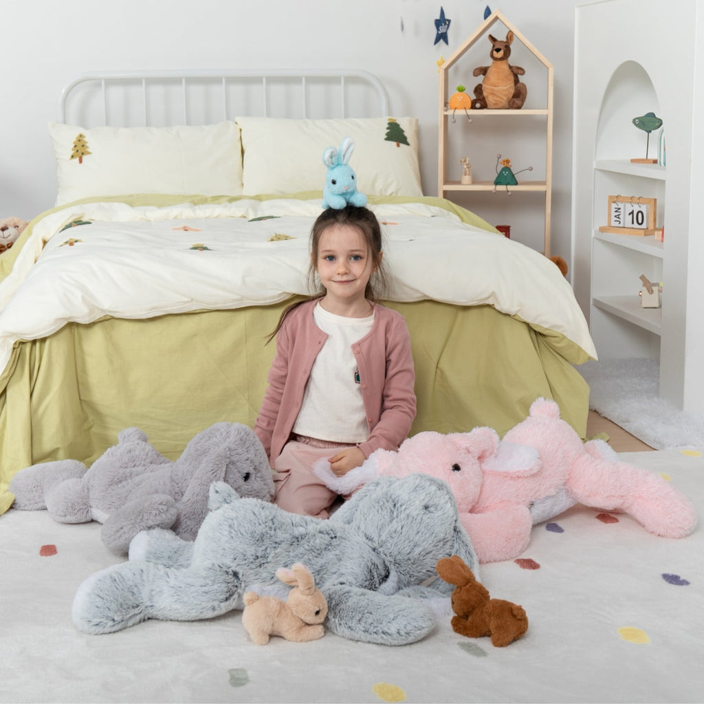 4 Pcs Bunny Stuffed Animals Bulk - Cute Rabbit Plush Toys - Stuffed Animal Bunny Babies with Their Mom - Grey/Pink Realistic Rabbit Plush Dolls for Girls - Easter/Christmas/Birthday Gift for Kids