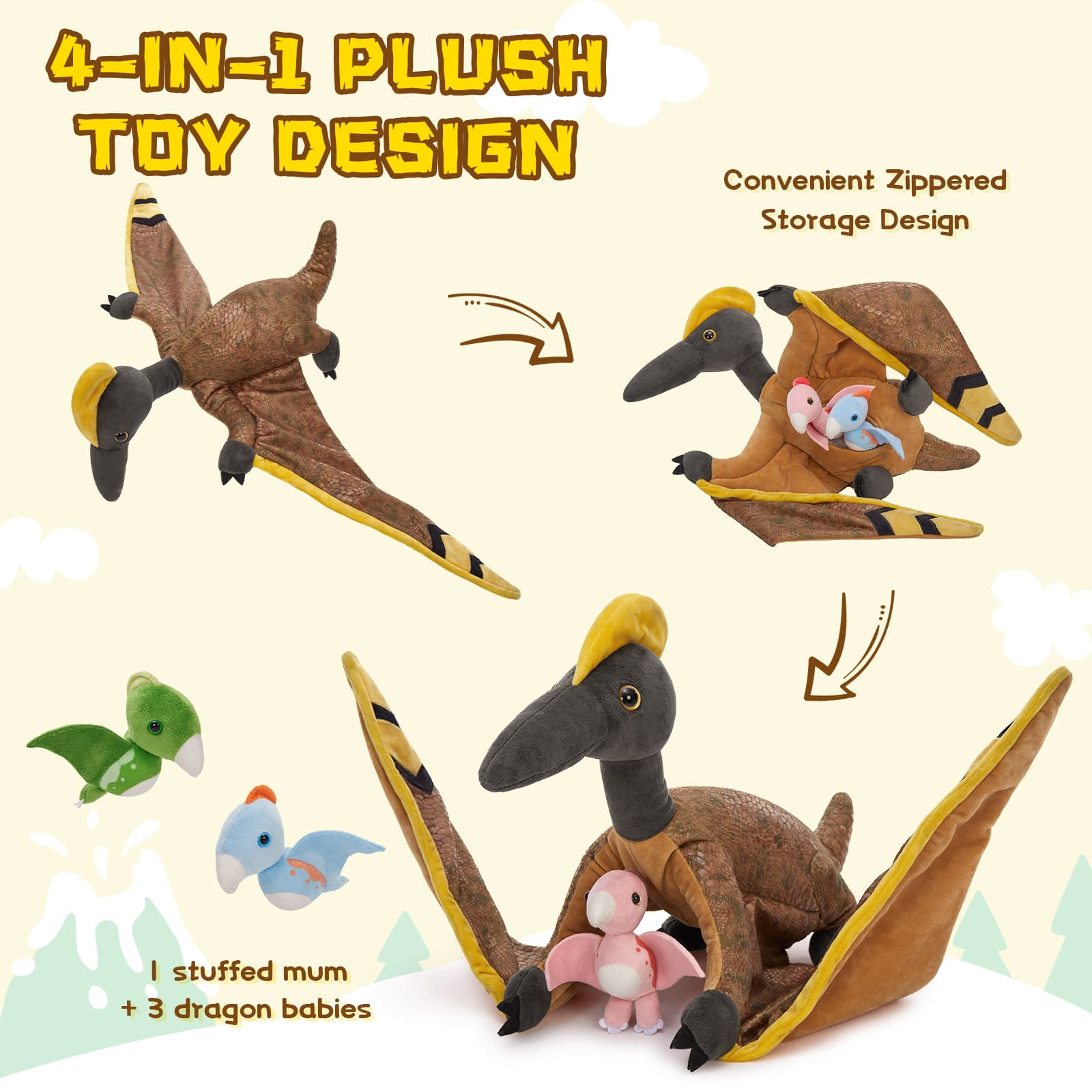 Pterosaur Stuffed Animals - One Big Pterosaur with Three Pterosaur 
 Babies - Jurassic Plush Toys - Party Favors Party Decorations - Gift Ideas for Girls Boys