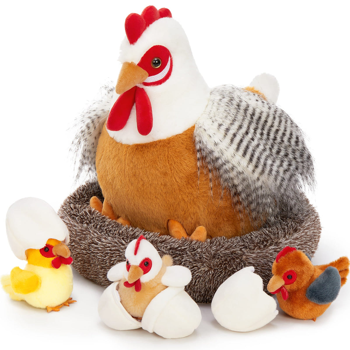 Lifelike Big Rooster Chicken, Three Mini Chicks, Three Chicken Eggs, and a Chicken Coop Plush Toy Set - Farm Chicken Stuffed Animals Set for Children - Stuffed Animals with Babies in the Belly - Stuffed Animal Babies with Their Mom - Realistic Chicken Plush Dolls for Kids Teens Adults