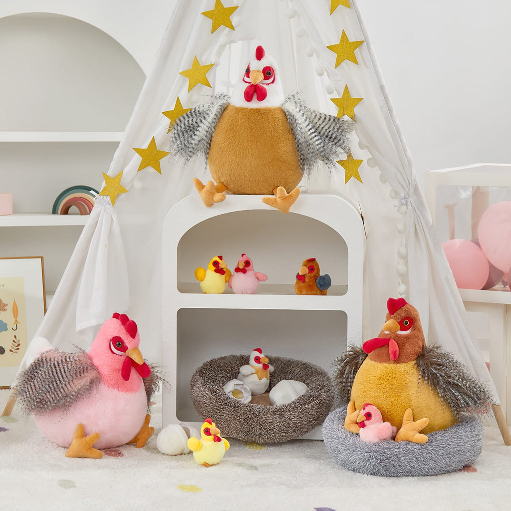 Lifelike Big Rooster Chicken, Three Mini Chicks, Three Chicken Eggs, and a Chicken Coop Plush Toy Set - Farm Chicken Stuffed Animals Set for Children - Stuffed Animals with Babies in the Belly - Stuffed Animal Babies with Their Mom - Realistic Chicken Plush Dolls for Kids Teens Adults