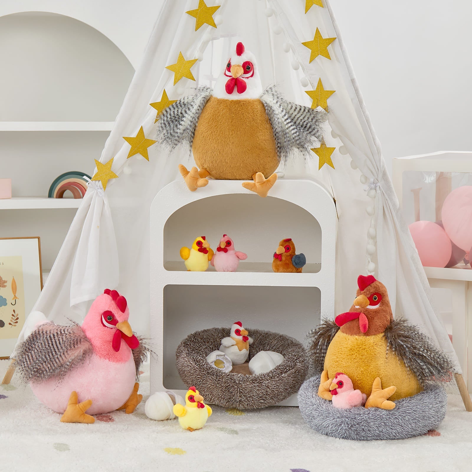 Lifelike Big Rooster Chicken, Three Mini Chicks, Three Chicken Eggs, and a Chicken Coop Plush Toy Set - Farm Chicken Stuffed Animals Set for Children - Stuffed Animals with Babies in the Belly - Stuffed Animal Babies with Their Mom - Realistic Chicken Plush Dolls for Kids Teens Adults