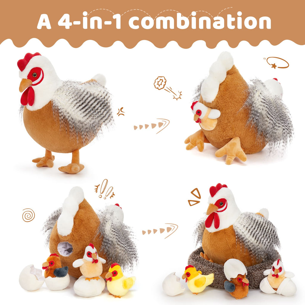 Lifelike Big Rooster Chicken, Three Mini Chicks, Three Chicken Eggs, and a Chicken Coop Plush Toy Set - Farm Chicken Stuffed Animals Set for Children - Stuffed Animals with Babies in the Belly - Stuffed Animal Babies with Their Mom - Realistic Chicken Plush Dolls for Kids Teens Adults