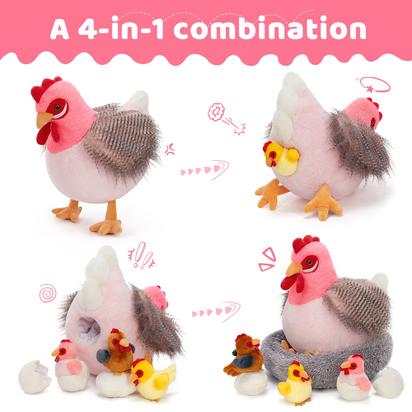 Lifelike Big Rooster Chicken, Three Mini Chicks, Three Chicken Eggs, and a Chicken Coop Plush Toy Set - Farm Chicken Stuffed Animals Set for Children - Stuffed Animals with Babies in the Belly - Stuffed Animal Babies with Their Mom - Realistic Chicken Plush Dolls for Kids Teens Adults