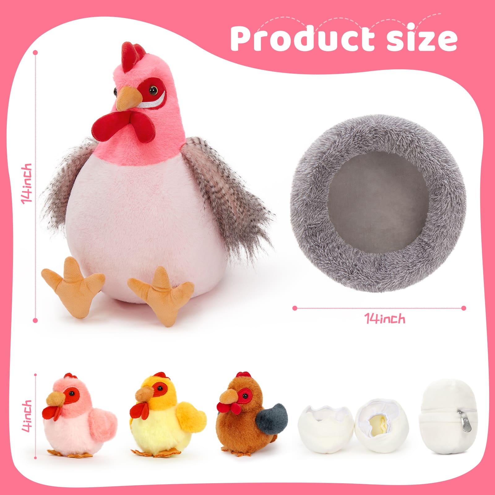 Lifelike Big Rooster Chicken, Three Mini Chicks, Three Chicken Eggs, and a Chicken Coop Plush Toy Set - Farm Chicken Stuffed Animals Set for Children - Stuffed Animals with Babies in the Belly - Stuffed Animal Babies with Their Mom - Realistic Chicken Plush Dolls for Kids Teens Adults