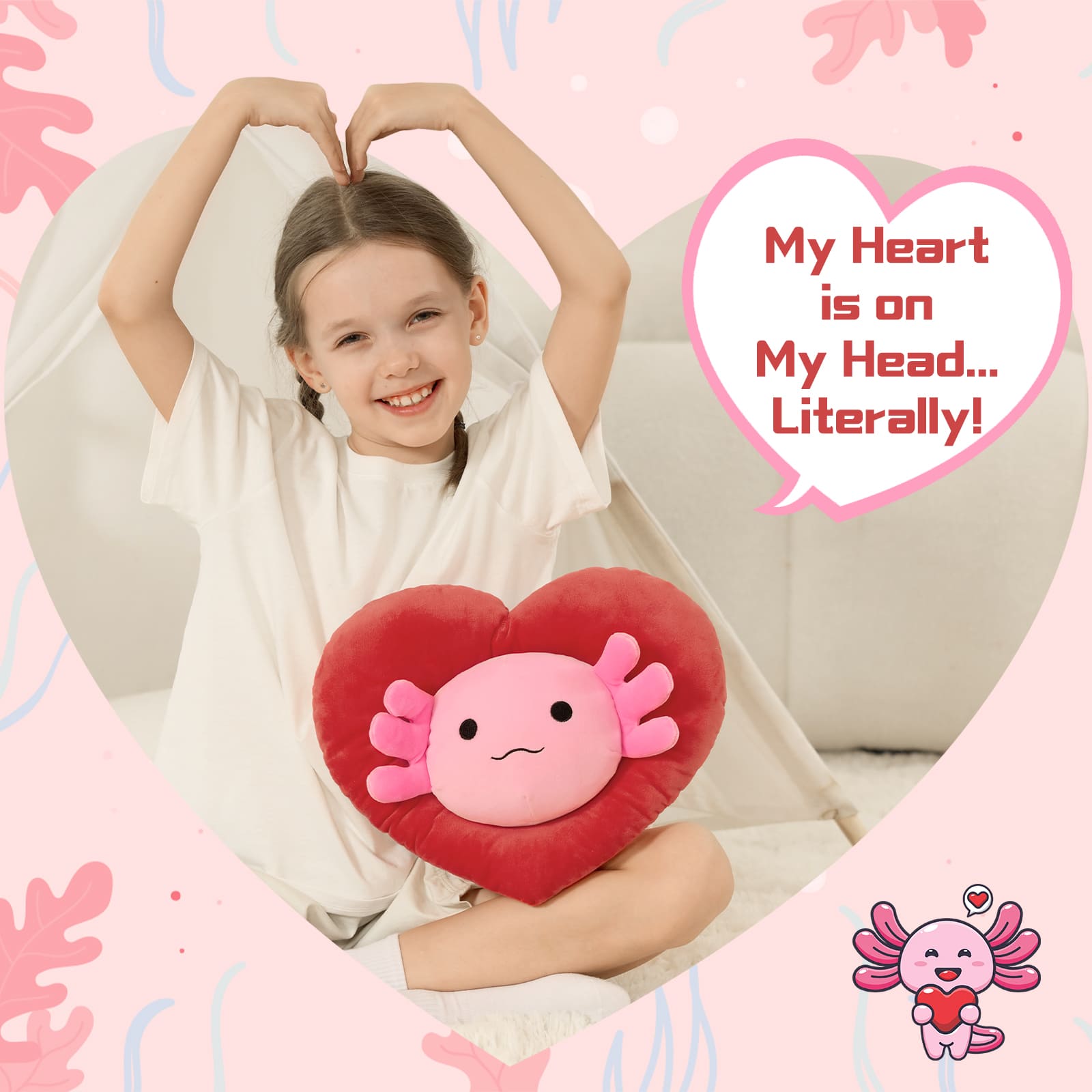 Valentine's Axolotl Plush with Heart-Shaped Hood, Squishy and Soft Salamander Stuffed Animal Throw Pillow,16"
