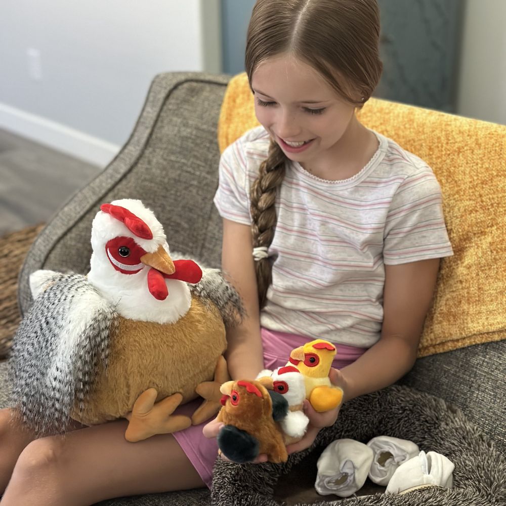 Lifelike Big Rooster Chicken, Three Mini Chicks, Three Chicken Eggs, and a Chicken Coop Plush Toy Set - Farm Chicken Stuffed Animals Set for Children - Stuffed Animals with Babies in the Belly - Stuffed Animal Babies with Their Mom - Realistic Chicken Plush Dolls for Kids Teens Adults