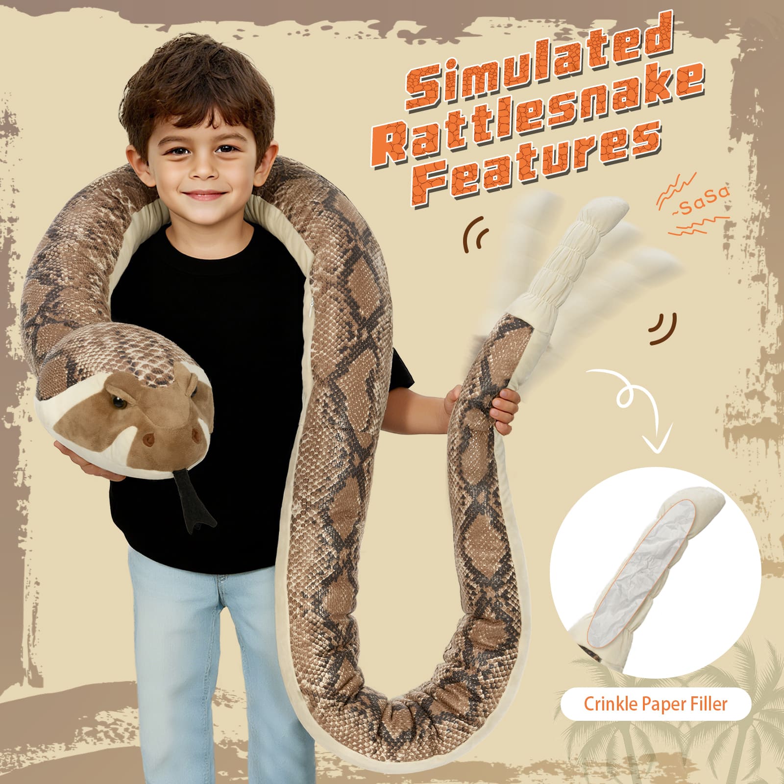 Simulation Rattlesnake Plush Toys - 8 Feet Stuffed Snake Toys - Giant Boa Stuffed Animals - Lifelike Stuffed Snake for Children - Jungle Safari Plush Toys Party Favors