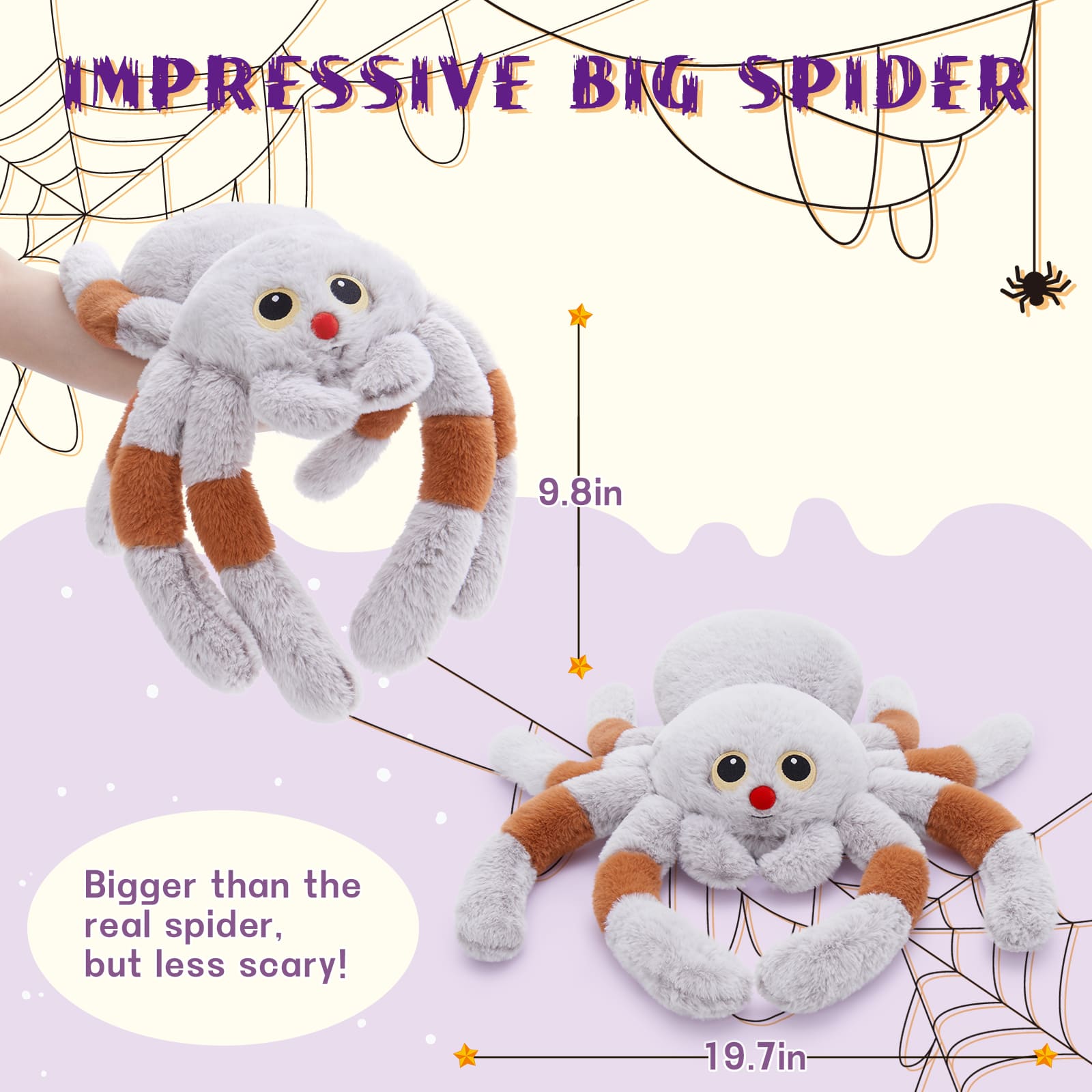 Giant Spider Plush Toy for Kids, Halloween Spider Shaped Throw Pillow, 20'' Big Tarantula Stuffed Animal Cushion Pillow - Cute Spider Gifts for Girls, Halloween Party Decorations/Prank Props