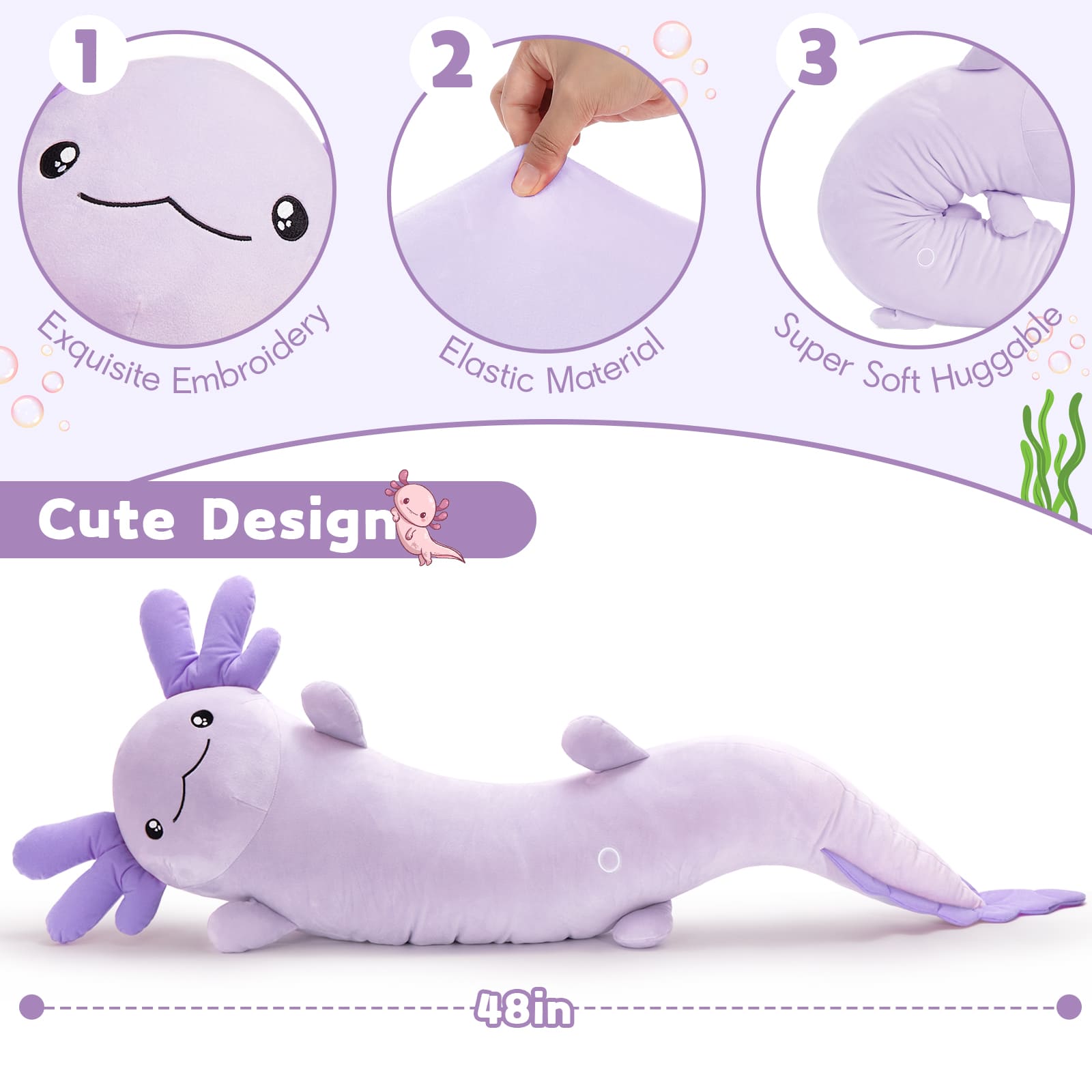 Purple axolotl plush toy with features highlighted on a white background