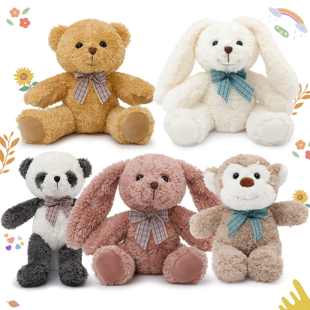 5 Packs 12 Inch Animal Plush Toy Assortment - Baby Shower Centerpiece Decoration - Small Stuffed Animal Bulk for Kids, Carnival Prizes, School Gifts, Valentine's Day Party Favors - Panda Bunny Monkey Teddy Bear Plush
