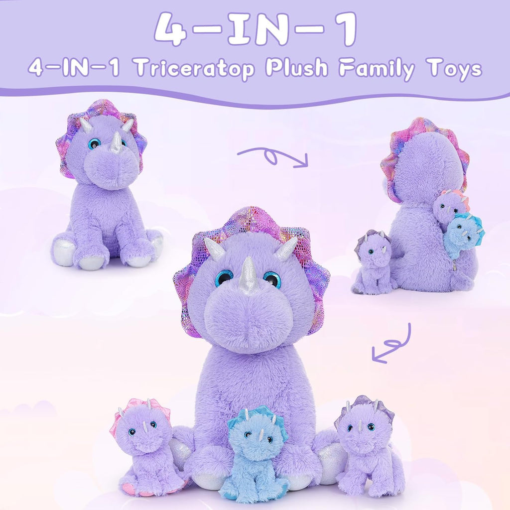 Triceratops Plush Toys - Dinosaur Stuffed Animals - Stuffed Animal Babies with Their Mom - Purple Soft Toys - Christmas/Birthday Gift for Kids/Teens/Adults - Stuffed Animals with Babie in the belly - Jurassic Toys For Kids
