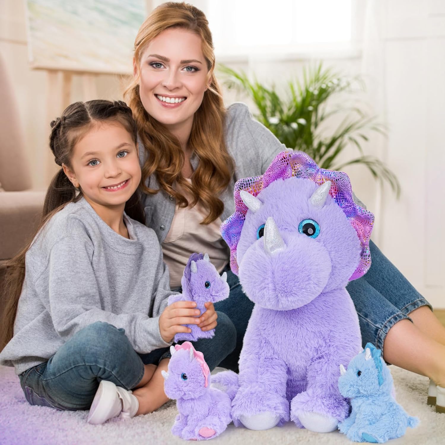 Triceratops Plush Toys - Dinosaur Stuffed Animals - Stuffed Animal Babies with Their Mom - Purple Soft Toys - Christmas/Birthday Gift for Kids/Teens/Adults - Stuffed Animals with Babie in the belly - Jurassic Toys For Kids