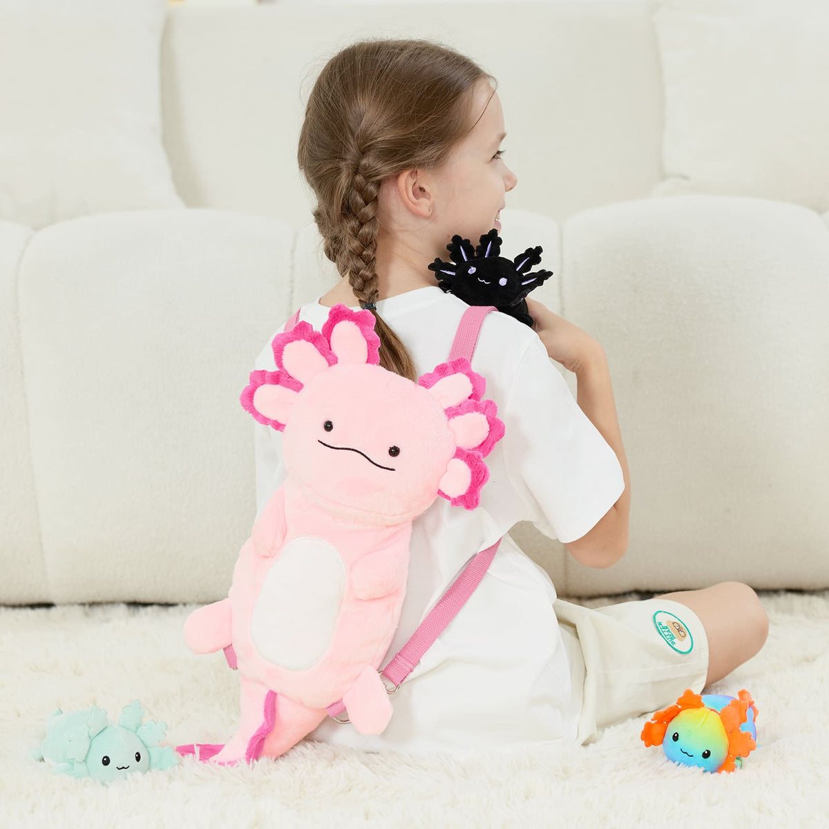 Plush Axolotl Backpack with Three Mini Axolotl Plushies Inside
