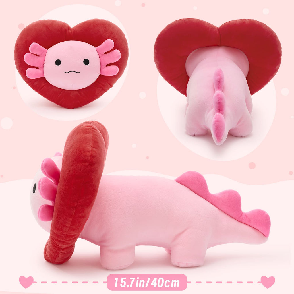 Valentine's Axolotl Plush with Heart-Shaped Hood, Squishy and Soft Salamander Stuffed Animal Throw Pillow,16"
