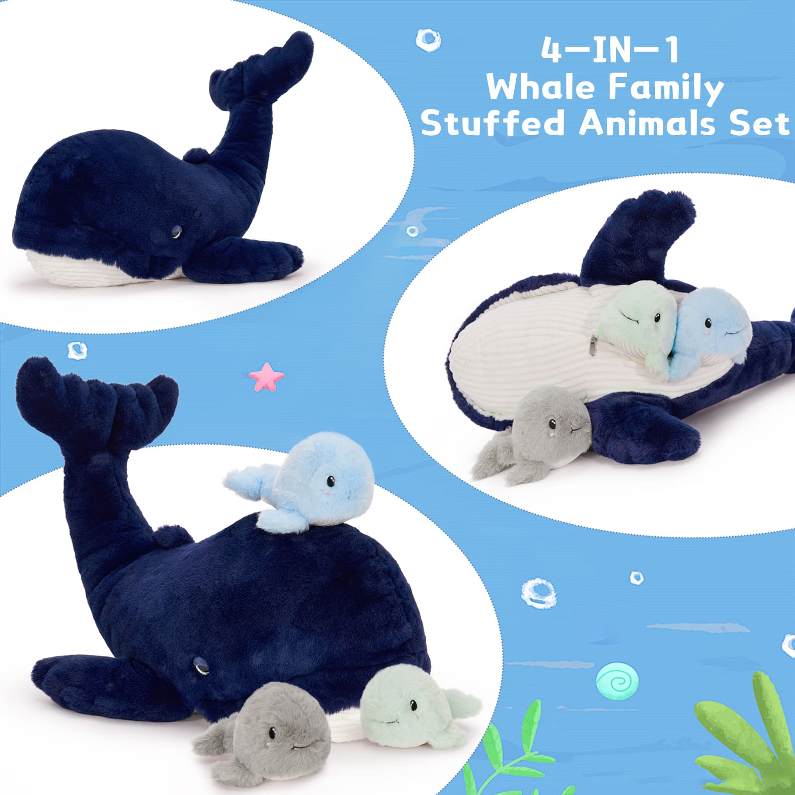 MorisMos Blue Whale Plush Toy Stuffed Animals Bulk for Kids, 20 Inch Giant Stuffed Whale Mommy with 3 Babies Inside - Under The Sea Party Favors Christmas Valentine's Day Birthday Gift