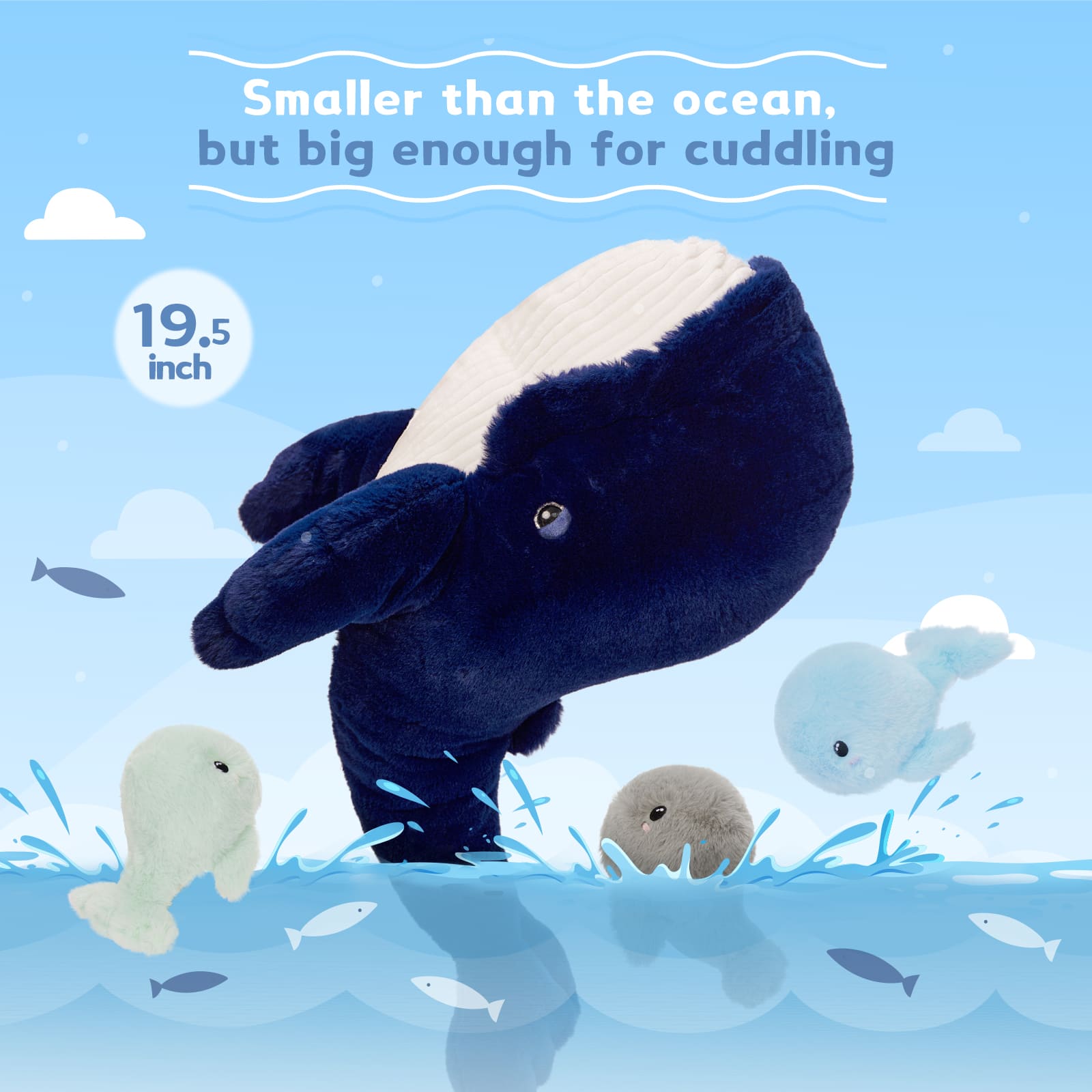 MorisMos Blue Whale Plush Toy Stuffed Animals Bulk for Kids, 20 Inch Giant Stuffed Whale Mommy with 3 Babies Inside - Under The Sea Party Favors Christmas Valentine's Day Birthday Gift