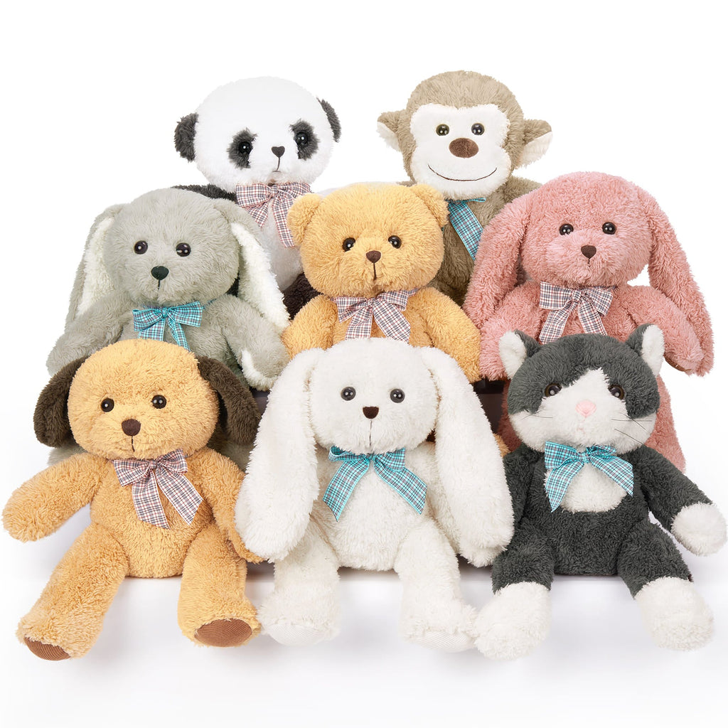 8 Packs 12 Inch Animal Plush Toy Assortment - Baby Shower Centerpiece Decoration - Small Stuffed Animal Bulk for Kids, Carnival Prizes, School Gifts, Valentine's Day Party Favors - Panda Bunny Monkey Teddy Bear Cat Dog Plush Doll Set