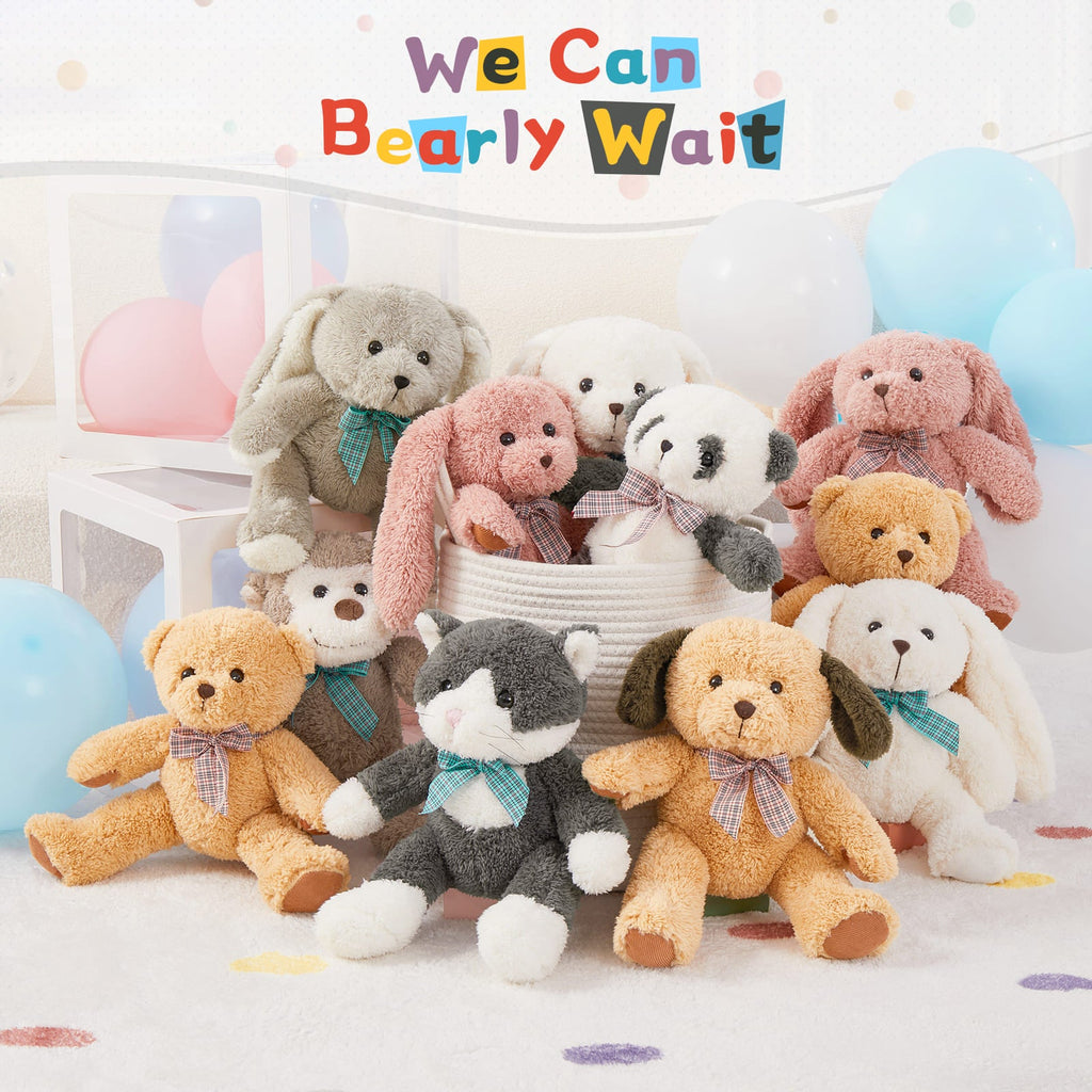 11 Packs 12 Inch Animal Plush Toy Assortment - Baby Shower Centerpiece Decoration - Small Stuffed Animal Bulk for Kids, Carnival Prizes, School Gifts, Valentine's Day Party Favors - Panda Bunny Monkey Teddy Bear Cat Dog Plush Doll Set