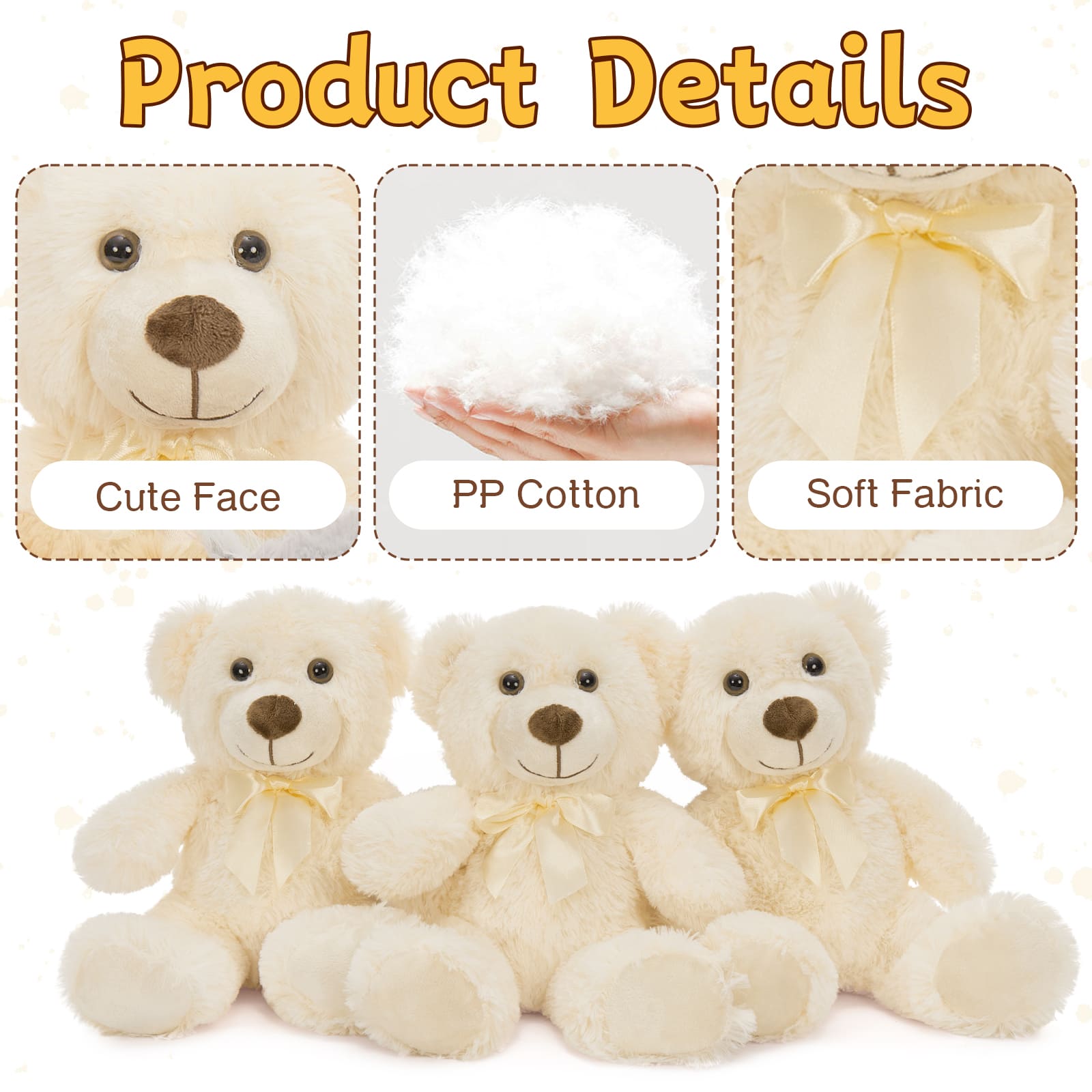 3 Piece Teddy Bear Plushies, Beige, 13.8 Inches
