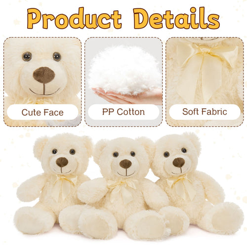 3 Piece Teddy Bear Plushies, Beige, 13.8 Inches